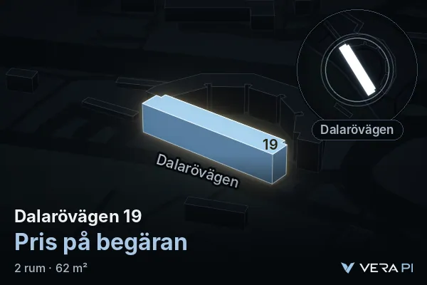 VERA PI:s bild av Dalarövägen 19: huset i 3D, upplyst i blått, och kartan runt omkring