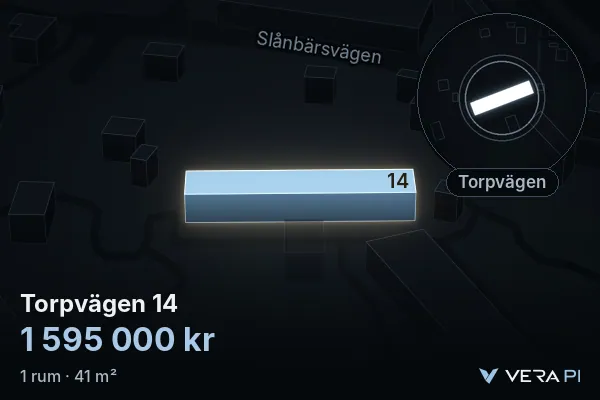 VERA PI:s bild av Torpvägen 14: huset i 3D, upplyst i blått, och kartan runt omkring