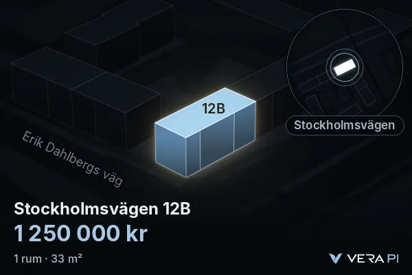 VERA PI:s bild av Stockholmsvägen 12B: huset i 3D, upplyst i blått, och kartan runt omkring