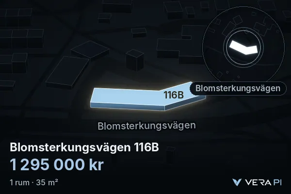 VERA PI's image of Blomsterkungsvägen 116B: the building in 3D, lit in blue, and the map around it