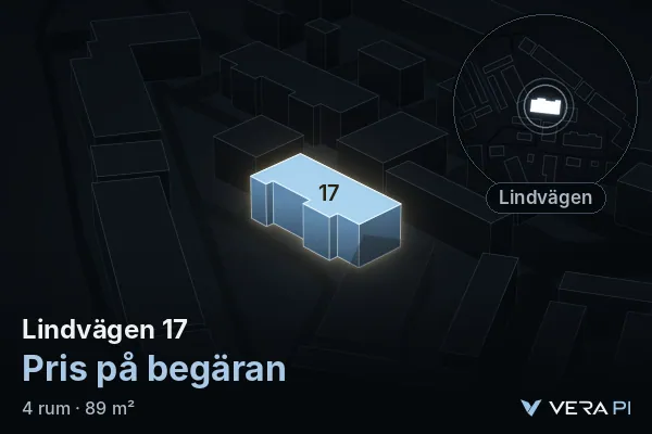VERA PI's image of Lindvägen 17: the building in 3D, lit in blue, and the map around it