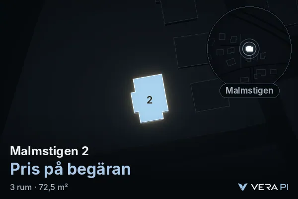 VERA PI's image of Malmstigen 2: the building in 3D, lit in blue, and the map around it