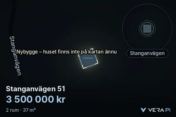 VERA PI:s bild av Stanganvägen 51: huset i 3D, upplyst i blått, och kartan runt omkring