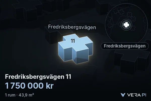 VERA PI:s bild av Fredriksbergsvägen 11: huset i 3D, upplyst i blått, och kartan runt omkring