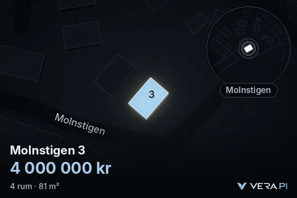 VERA PI's image of Molnstigen 3: the building in 3D, lit in blue, and the map around it