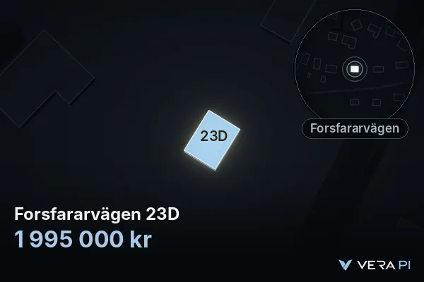 VERA PI's image of Forsfararvägen 23D: the building in 3D, lit in blue, and the map around it