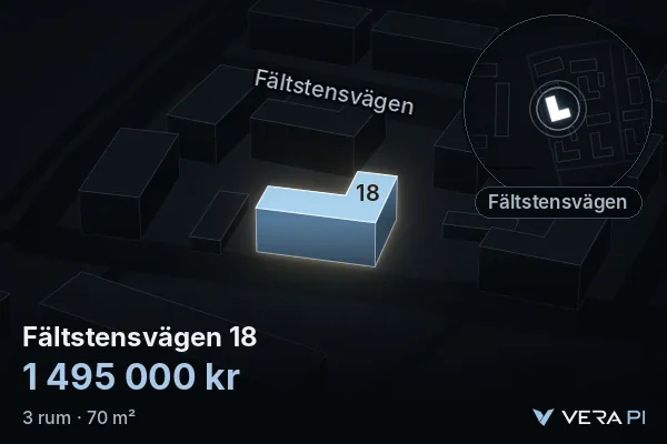 VERA PI:s bild av Fältstensvägen 18: huset i 3D, upplyst i blått, och kartan runt omkring