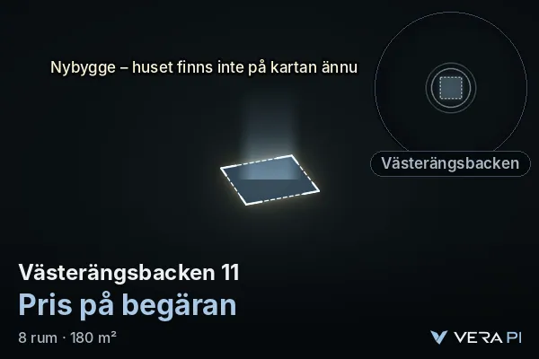 VERA PI's image of Västerängsbacken 11: the building in 3D, lit in blue, and the map around it