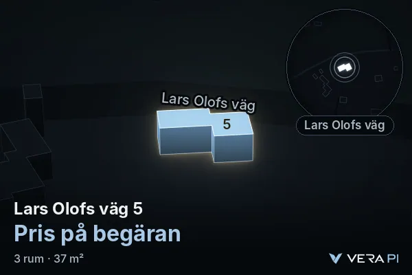 VERA PI:s bild av Lars Olofs väg 5: huset i 3D, upplyst i blått, och kartan runt omkring