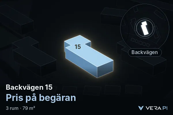 VERA PI's image of Backvägen 15: the building in 3D, lit in blue, and the map around it