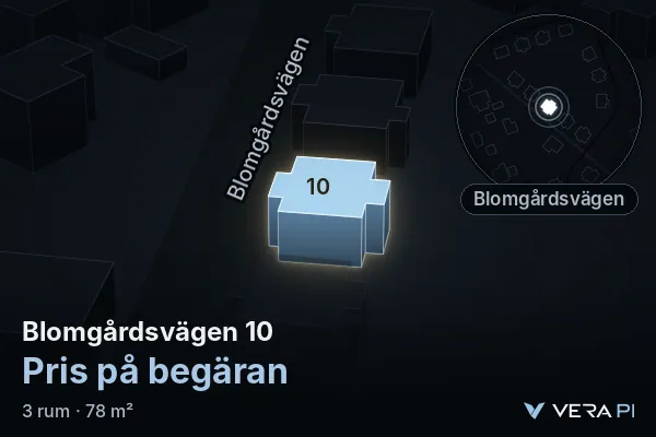 VERA PI:s bild av Blomgårdsvägen 10: huset i 3D, upplyst i blått, och kartan runt omkring