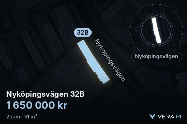 VERA PI's image of Nyköpingsvägen 32B: the building in 3D, lit in blue, and the map around it