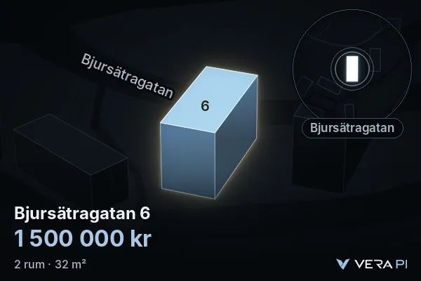 VERA PI's image of Bjursätragatan 6: the building in 3D, lit in blue, and the map around it