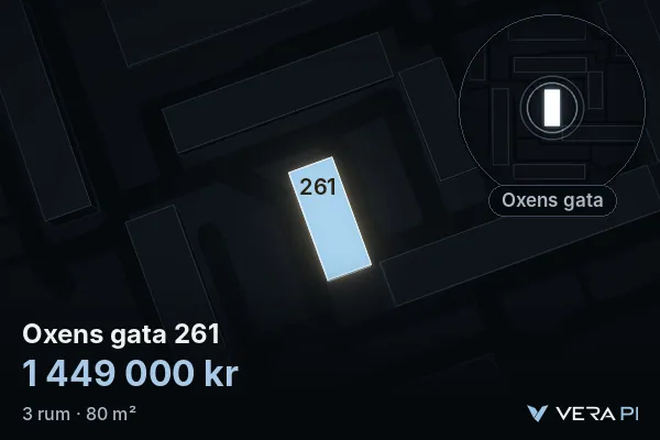 VERA PI:s bild av Oxens gata 261: huset i 3D, upplyst i blått, och kartan runt omkring