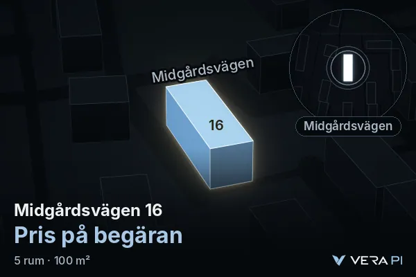 VERA PI:s bild av Midgårdsvägen 16: huset i 3D, upplyst i blått, och kartan runt omkring