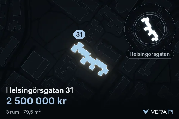 VERA PI's image of Helsingörsgatan 31: the building in 3D, lit in blue, and the map around it