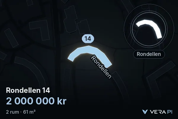 VERA PI's image of Rondellen 14: the building in 3D, lit in blue, and the map around it
