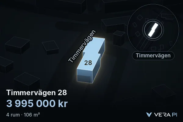 VERA PI:s bild av Timmervägen 28: huset i 3D, upplyst i blått, och kartan runt omkring