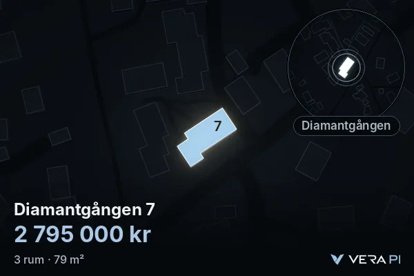 VERA PI's image of Diamantgången 7: the building in 3D, lit in blue, and the map around it