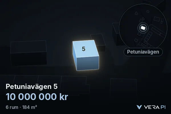 VERA PI:s bild av Petuniavägen 5: huset i 3D, upplyst i blått, och kartan runt omkring