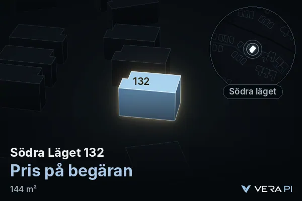 VERA PI:s bild av Södra Läget 132: huset i 3D, upplyst i blått, och kartan runt omkring