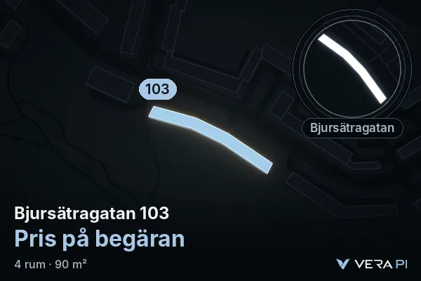 VERA PI's image of Bjursätragatan 103: the building in 3D, lit in blue, and the map around it