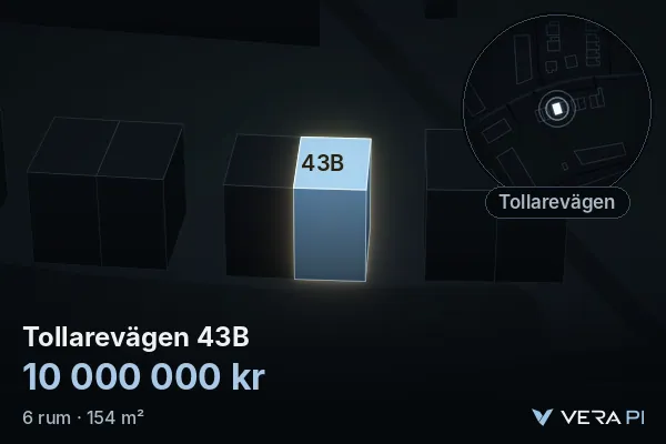 VERA PI's image of Tollarevägen 43B: the building in 3D, lit in blue, and the map around it
