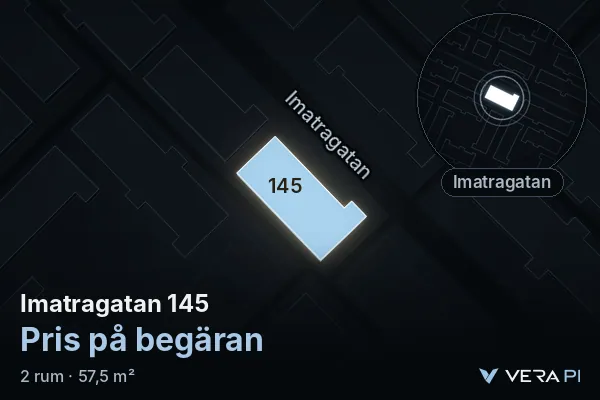 VERA PI:s bild av Imatragatan 145: huset i 3D, upplyst i blått, och kartan runt omkring