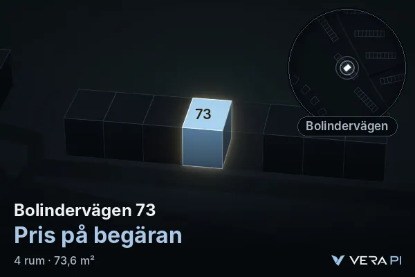 VERA PI's image of Bolindervägen 73: the building in 3D, lit in blue, and the map around it