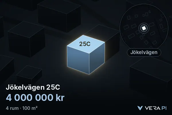 VERA PI:s bild av Jökelvägen 25C: huset i 3D, upplyst i blått, och kartan runt omkring
