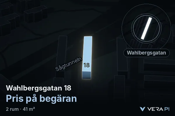 VERA PI's image of Wahlbergsgatan 18: the building in 3D, lit in blue, and the map around it