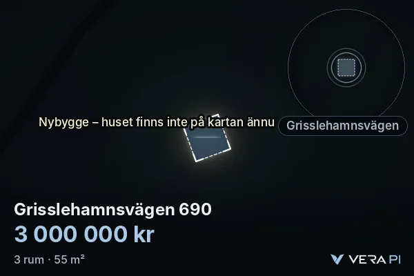 VERA PI's image of Grisslehamnsvägen 690: the building in 3D, lit in blue, and the map around it