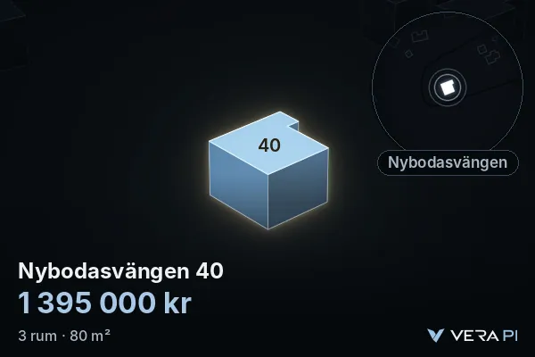 VERA PI's image of Nybodasvängen 40: the building in 3D, lit in blue, and the map around it