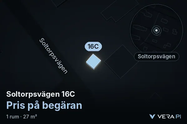 VERA PI's image of Soltorpsvägen 16C: the building in 3D, lit in blue, and the map around it