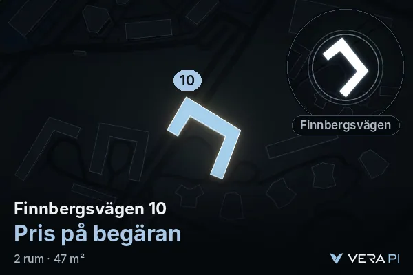 VERA PI:s bild av Finnbergsvägen 10: huset i 3D, upplyst i blått, och kartan runt omkring