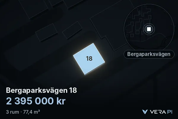 VERA PI:s bild av Bergaparksvägen 18: huset i 3D, upplyst i blått, och kartan runt omkring