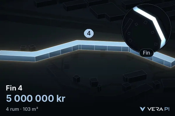 VERA PI:s bild av Fin 4: huset i 3D, upplyst i blått, och kartan runt omkring
