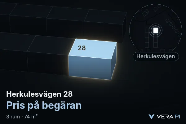 VERA PI:s bild av Herkulesvägen 28: huset i 3D, upplyst i blått, och kartan runt omkring