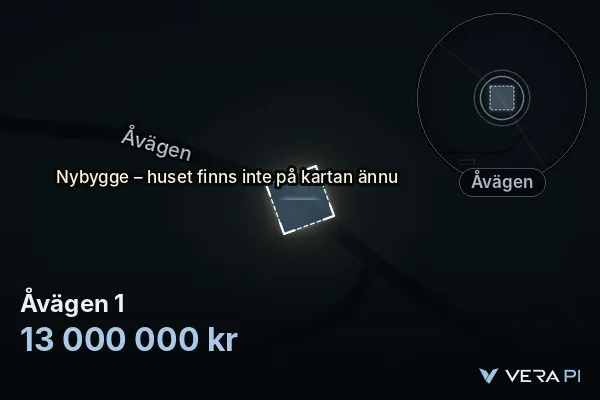 VERA PI:s bild av Åvägen 1: huset i 3D, upplyst i blått, och kartan runt omkring