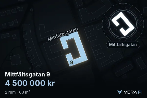 VERA PI's image of Mittfältsgatan 9: the building in 3D, lit in blue, and the map around it