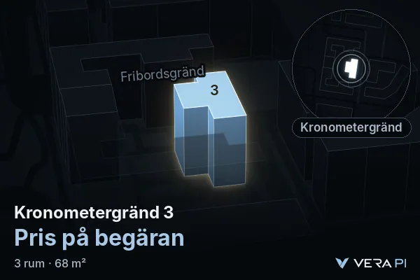 VERA PI:s bild av Kronometergränd 3: huset i 3D, upplyst i blått, och kartan runt omkring