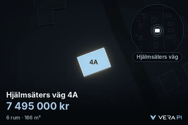 VERA PI:s bild av Hjälmsäters väg 4A: huset i 3D, upplyst i blått, och kartan runt omkring
