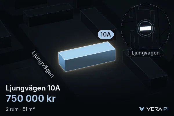 VERA PI:s bild av Ljungvägen 10A: huset i 3D, upplyst i blått, och kartan runt omkring
