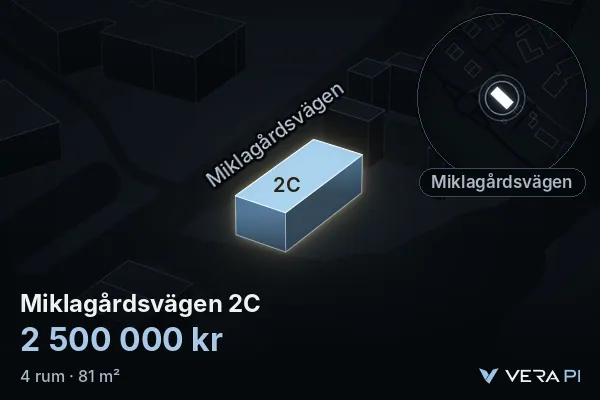 VERA PI:s bild av Miklagårdsvägen 2C: huset i 3D, upplyst i blått, och kartan runt omkring