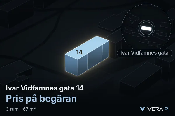 VERA PI:s bild av Ivar Vidfamnes gata 14: huset i 3D, upplyst i blått, och kartan runt omkring