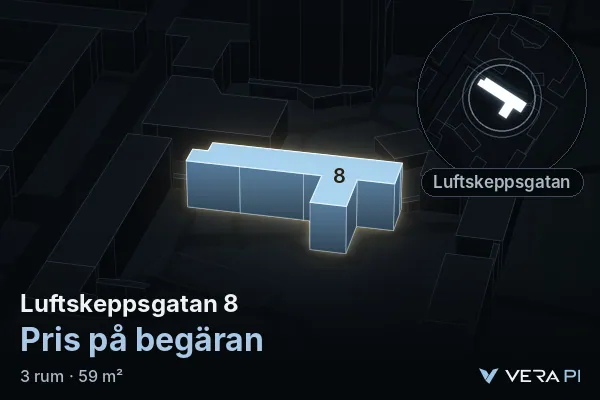VERA PI's image of Luftskeppsgatan 8: the building in 3D, lit in blue, and the map around it