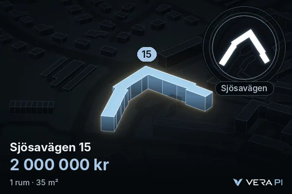 VERA PI:s bild av Sjösavägen 15: huset i 3D, upplyst i blått, och kartan runt omkring