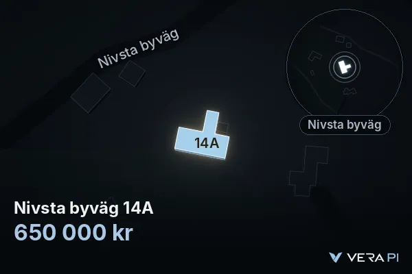 VERA PI's image of Nivsta byväg 14A: the building in 3D, lit in blue, and the map around it