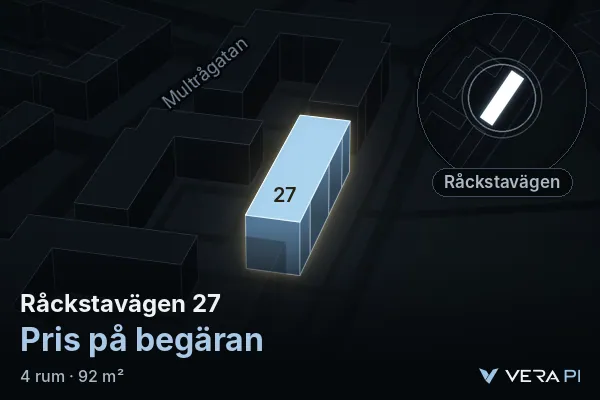 VERA PI's image of Råckstavägen 27: the building in 3D, lit in blue, and the map around it