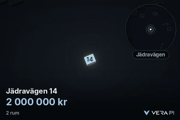 VERA PI:s bild av Jädravägen 14: huset i 3D, upplyst i blått, och kartan runt omkring